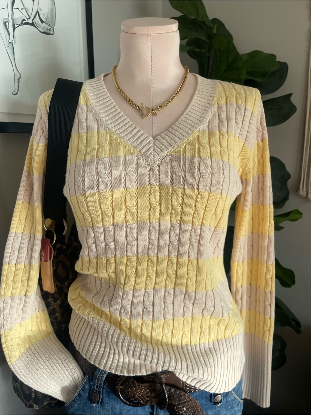 Liz & Co Liz Claiborne Butter Yellow 100% Cotton Y2K Cable Knit V-Neck Sweater